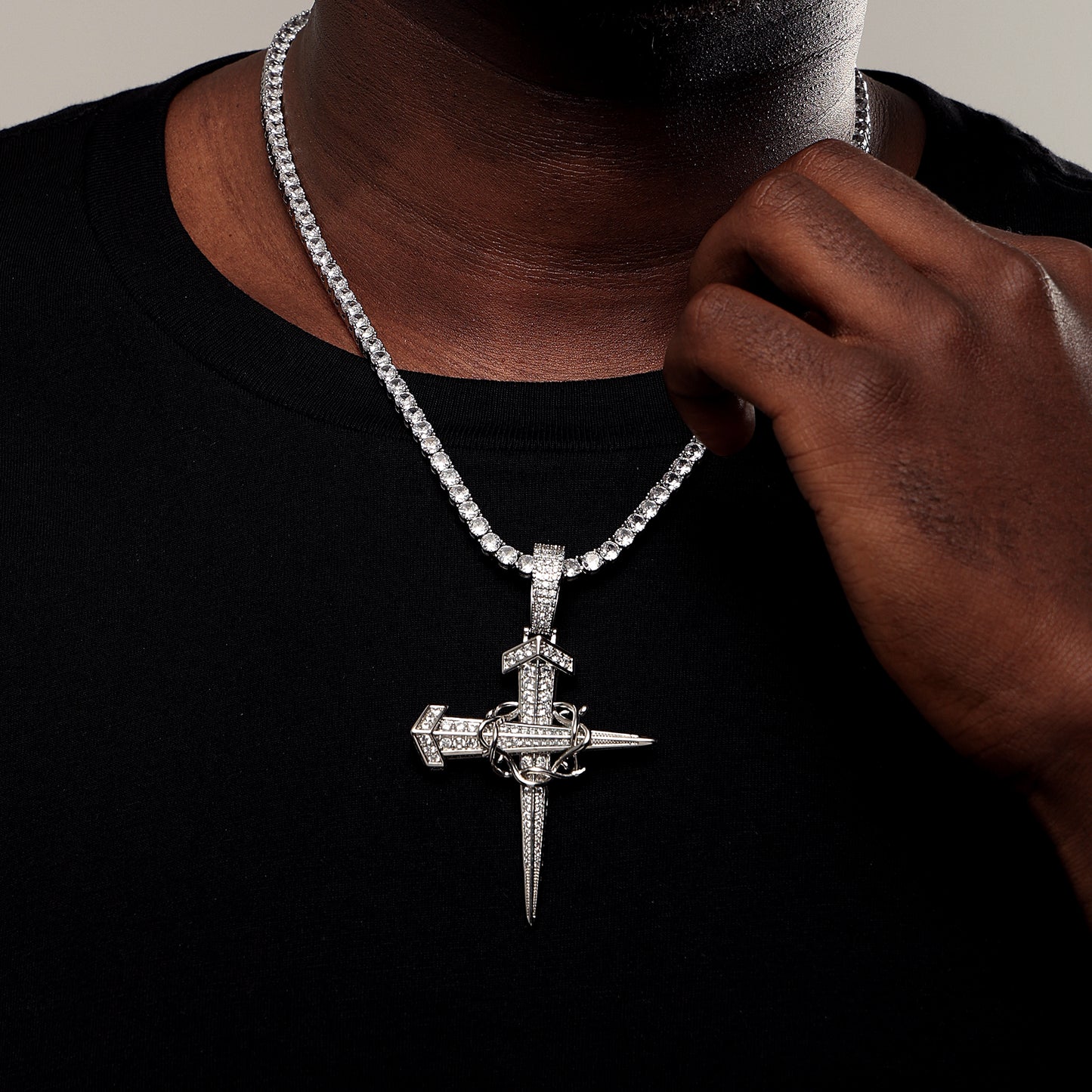 Iced Crown Of Thorns Nail Cross Pendant