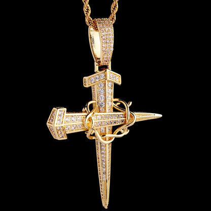 Iced Crown Of Thorns Nail Cross Pendant