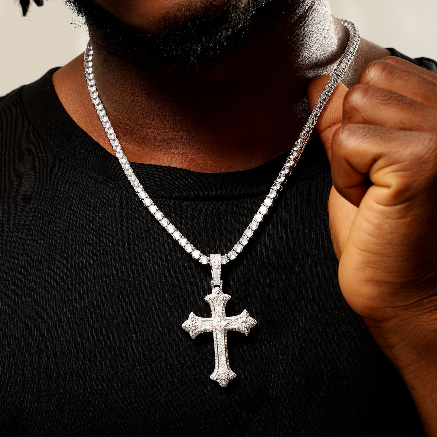 925 Silver Moissanite Cross Pendant White Gold