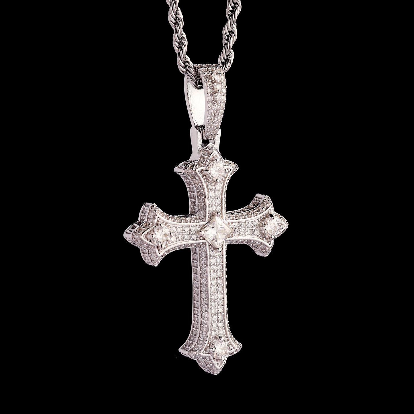 925 Silver Moissanite Cross Pendant White Gold