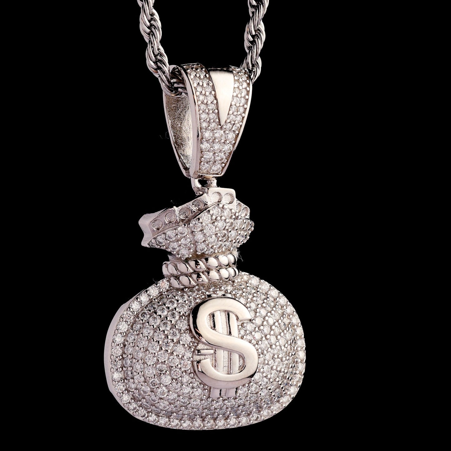925 Silver Moissanite Baguette Money Bag Pendant White Gold