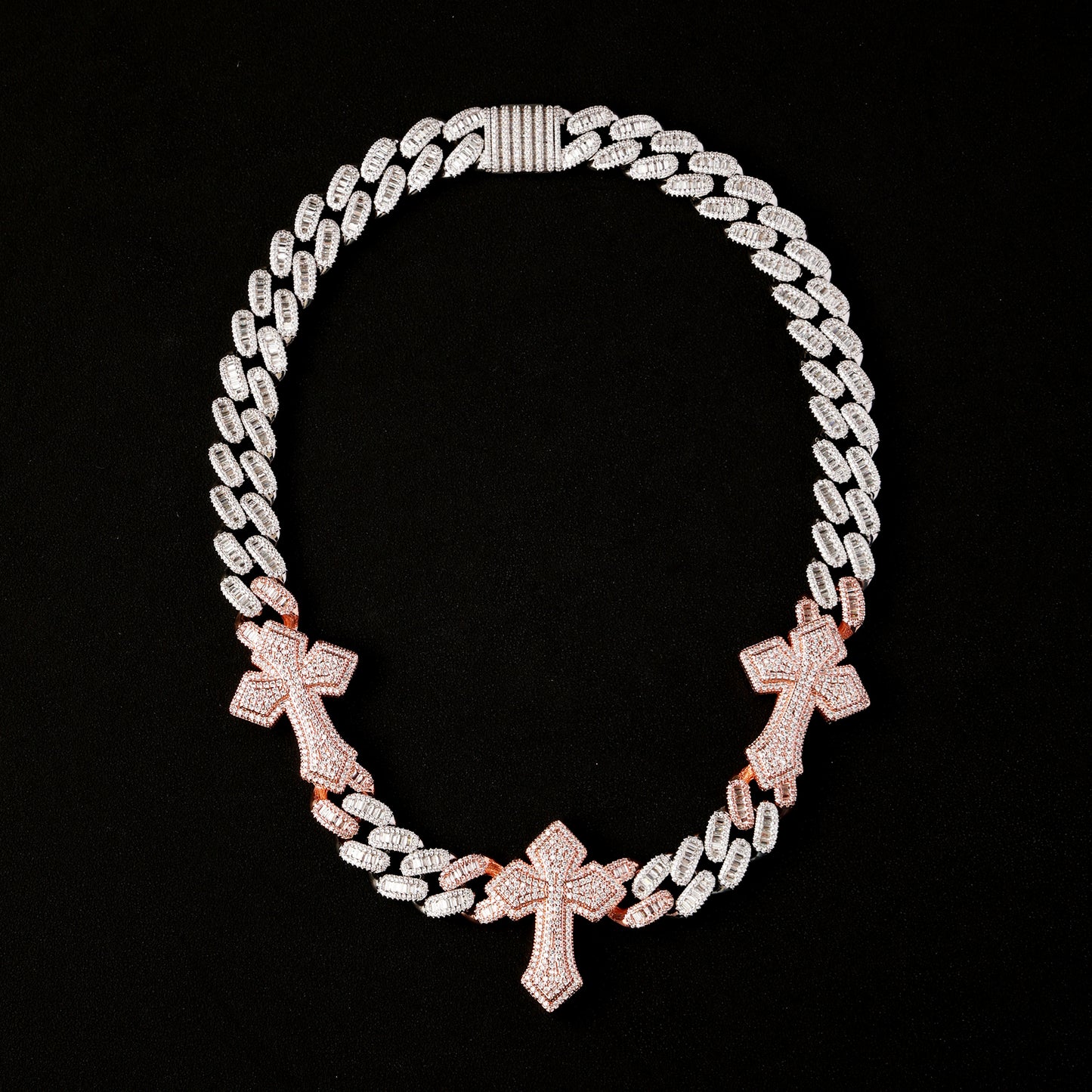 16MM Baguette Cross Miami Cuban Llink Chain Rose Gold