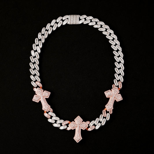 16MM Baguette Cross Miami Cuban Llink Chain Rose Gold