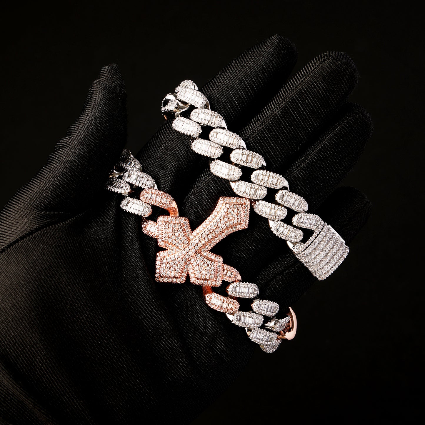 16MM Baguette Cross Miami Cuban Llink Chain Rose Gold