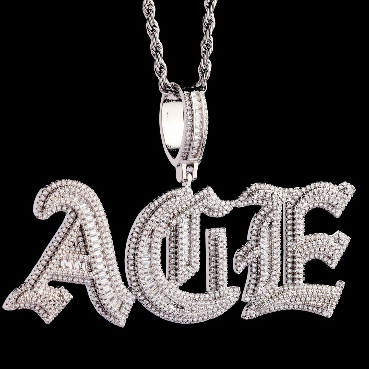 Custom Iced Baguette Old English Pendant White Gold