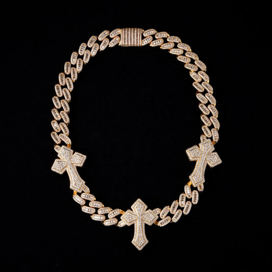 16MM Baguette Cross Miami Cuban Llink Chain 18K Gold