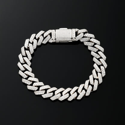 12MM 925 Silver Moissanite Prong Cuban Link Bracelet White Gold