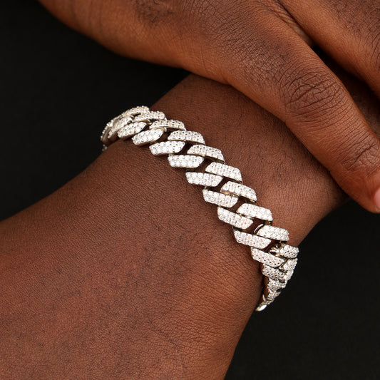 12MM 925 Silver Moissanite Prong Cuban Link Bracelet White Gold