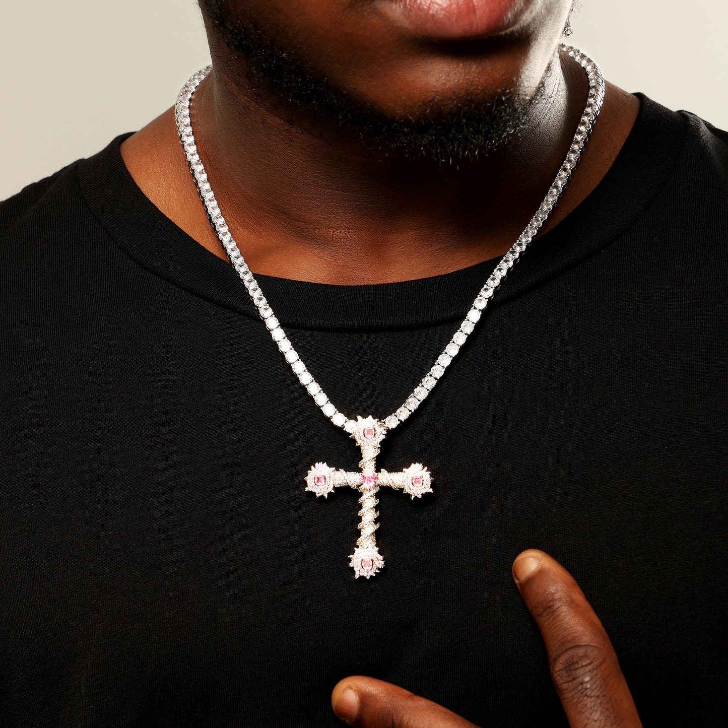 Iced Pink Heart Cross of Thorns Pendant