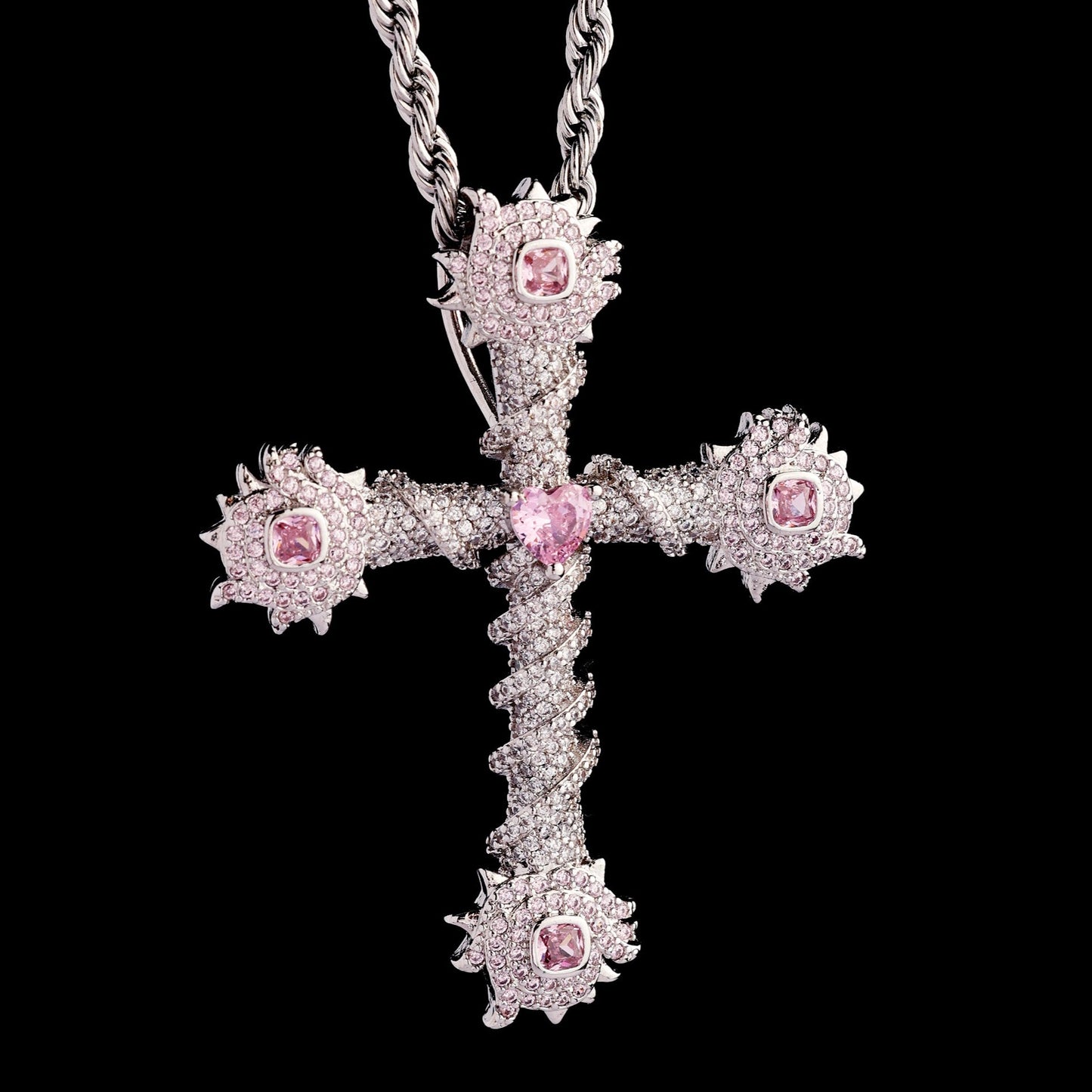 Iced Pink Heart Cross of Thorns Pendant