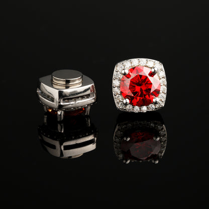 0.5Ct/1Ct 925 Silver Red Moissanite Round Magnetic Non-Piercing Halo Stud Earrings