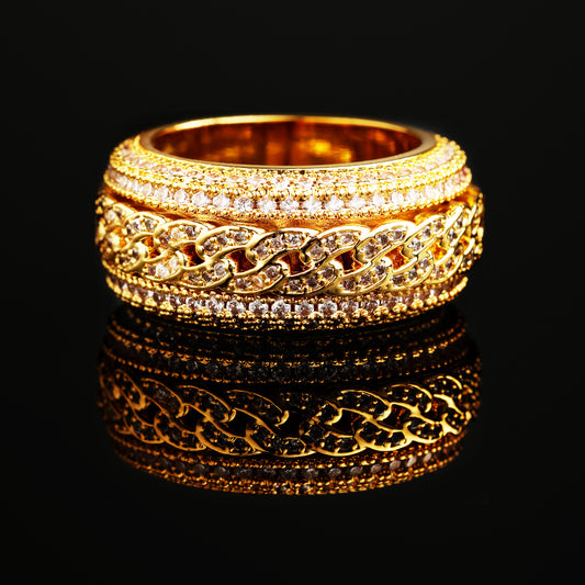 CZ Stone Iced Rotatable Cuban Ring in 18K Gold