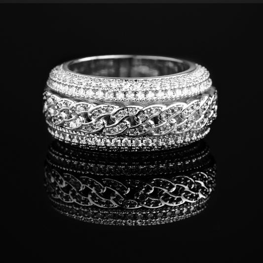 CZ Stone Iced Rotatable Cuban Ring in White Gold