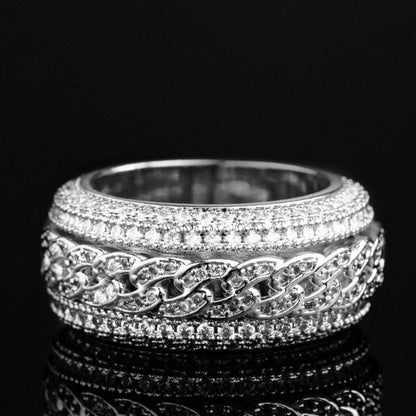 925 Silver Micro Paved Moissanite Rotatable Cuban Link Ring White Gold