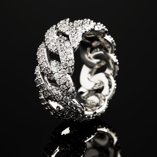 CZ Stone Iced 10mm Paved Cuban Ring in White Gold