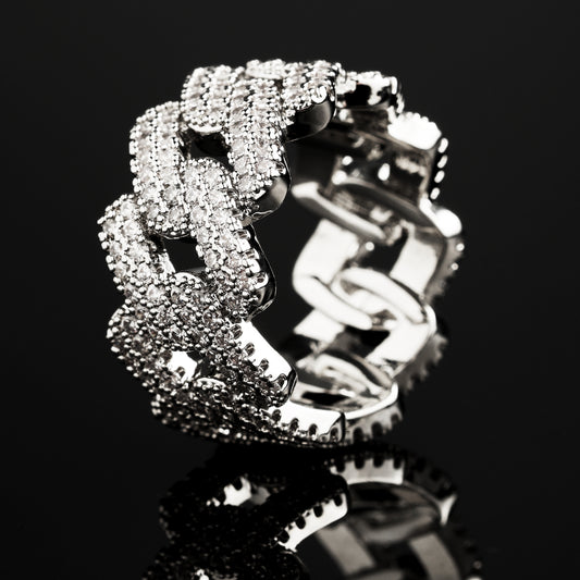 CZ Stone Micro-Inlay Cuban Link Ring White Gold