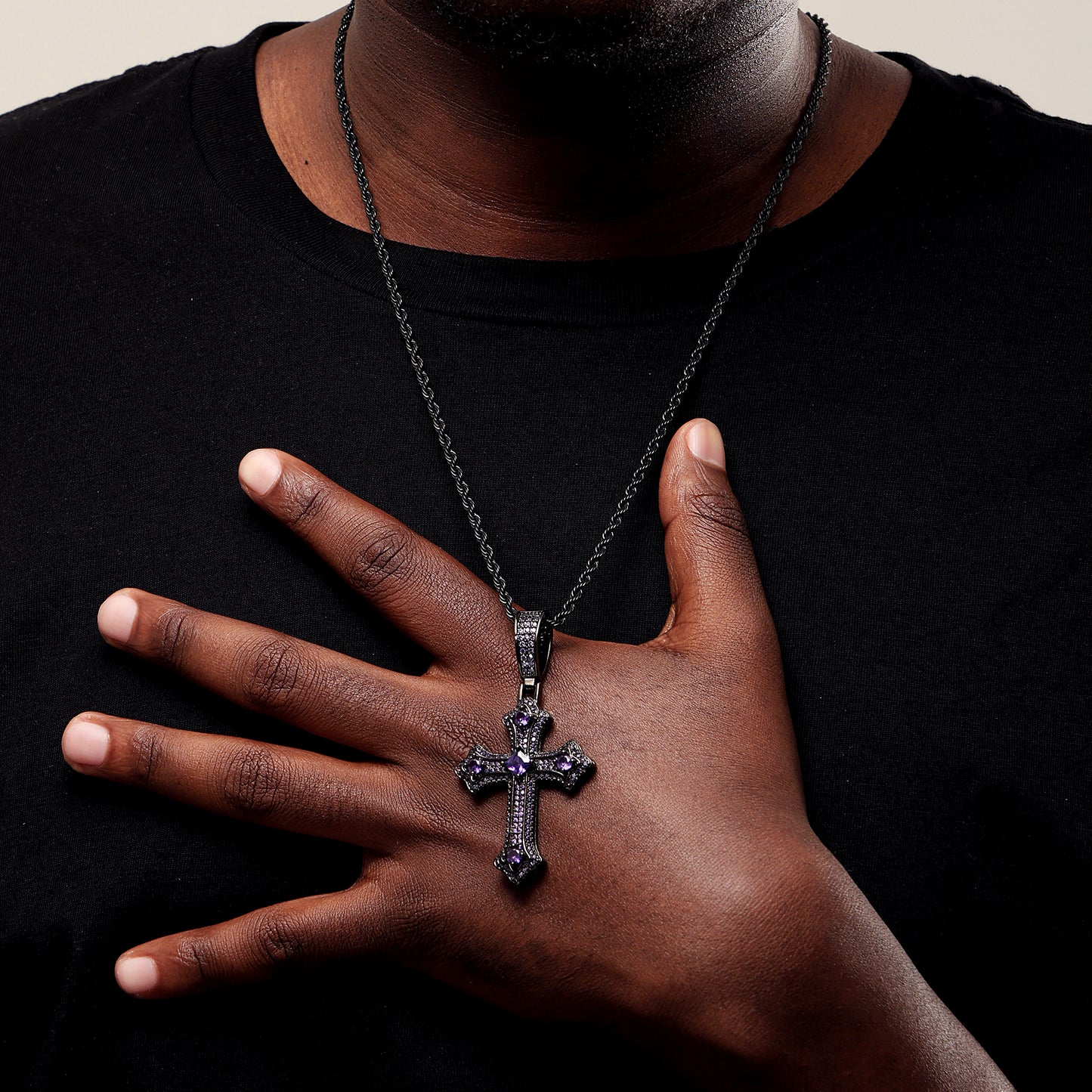 Iced Purple Princess Cut Cross Pendant in Black Gold
