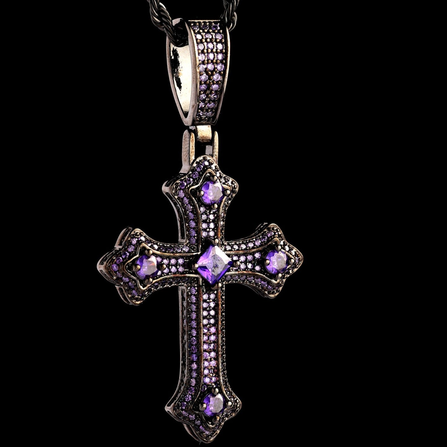 Iced Purple Princess Cut Cross Pendant in Black Gold