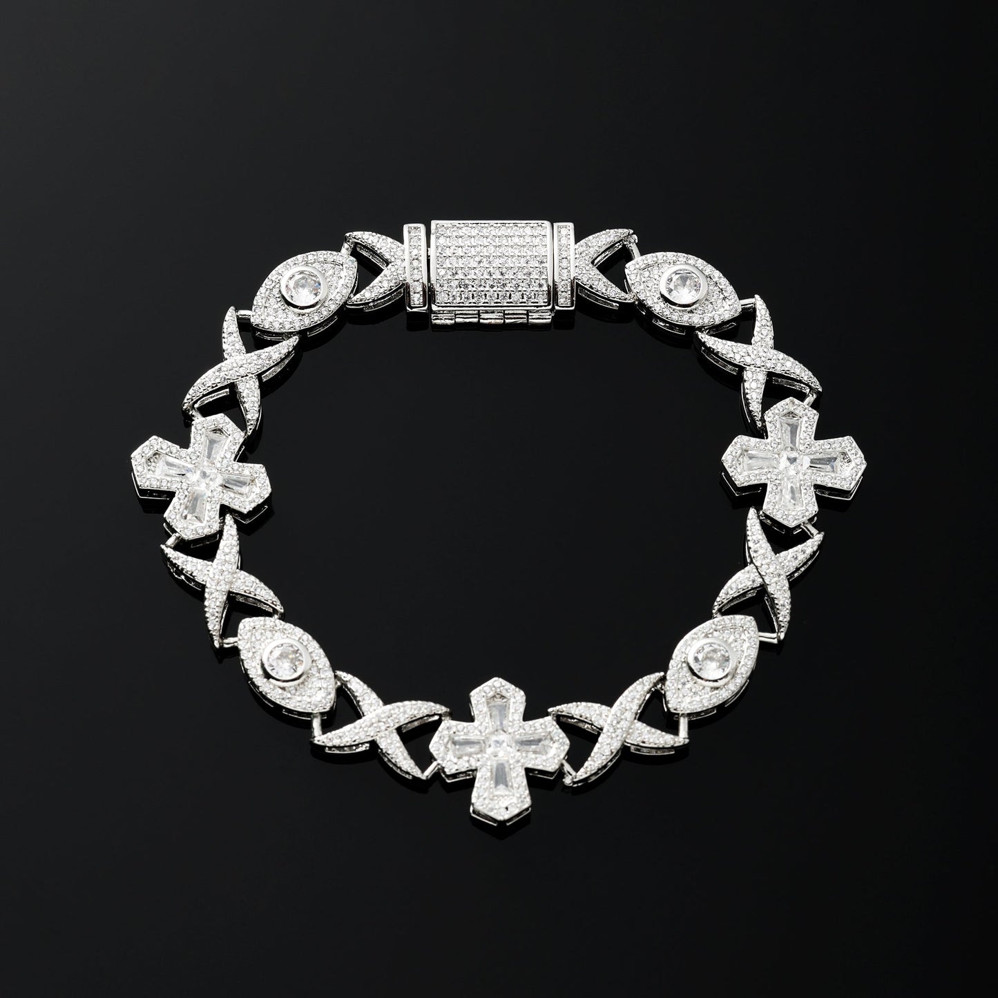 16MM Devil Eye and Cross Bracelet White Gold