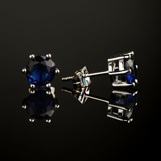 CZ Stone 6-Prong Round Cut Stud Earrings Blue Stone