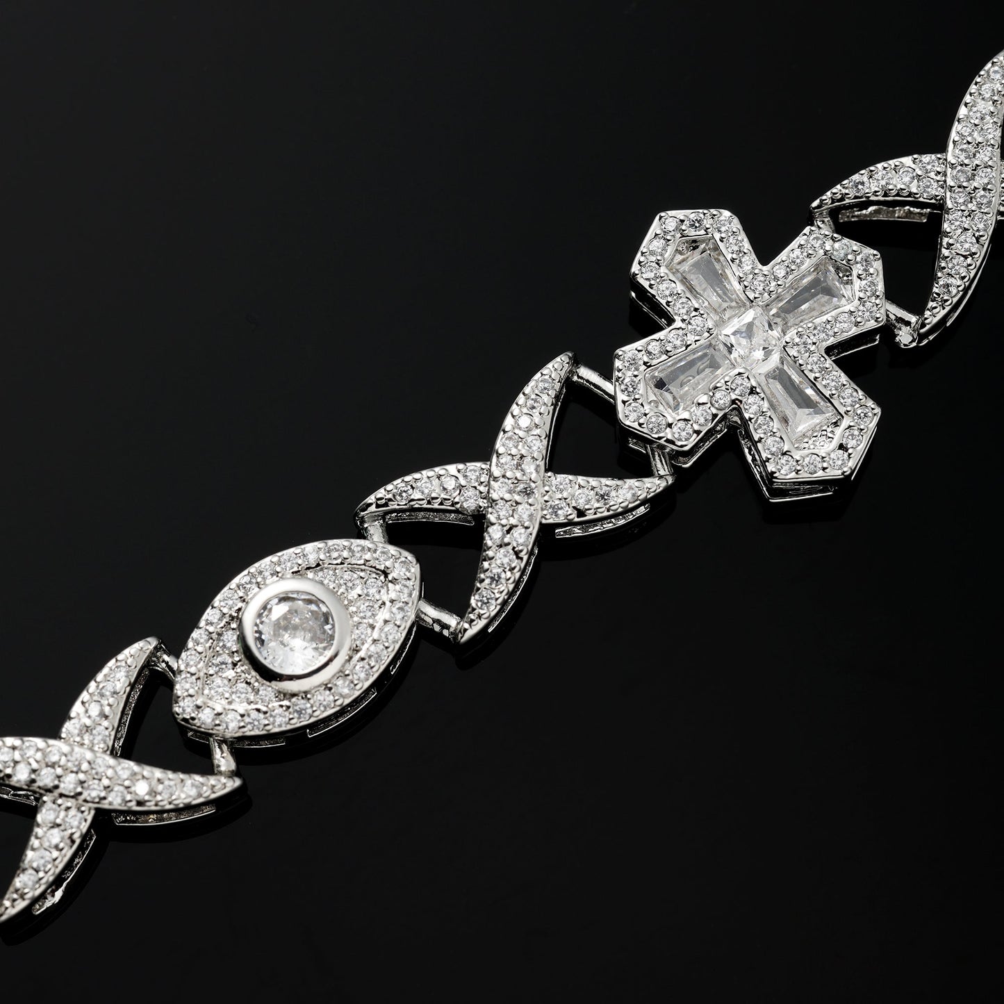 16MM Devil Eye and Cross Bracelet White Gold