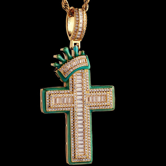 Glow in the Dark Iced Round Cut Cross Pendant