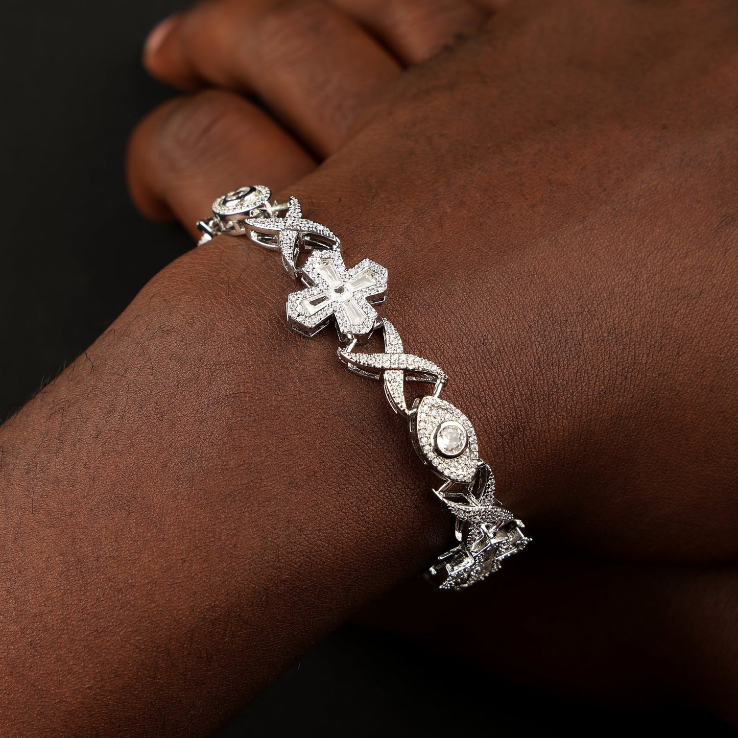 16MM Devil Eye and Cross Bracelet White Gold