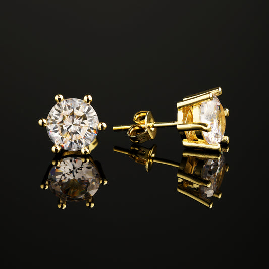 CZ Stone 6-Prong Round Cut Stud Earrings 18K Gold