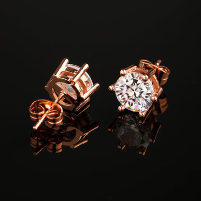 玫瑰金 CZ 宝石 6 爪圆形切割耳钉