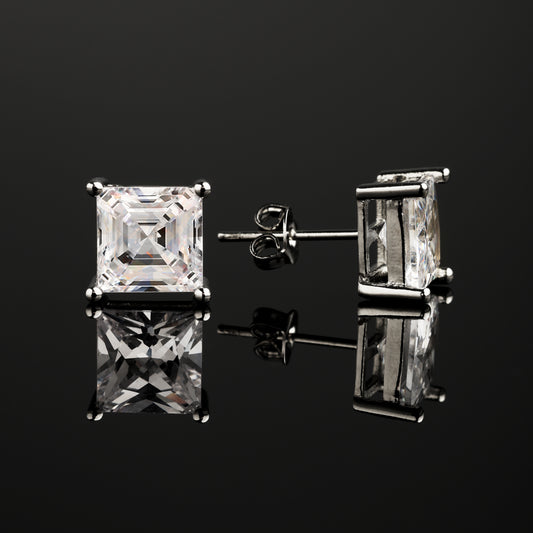 CZ Stone 4-Prong Square Princess Cut Earrings White Gold