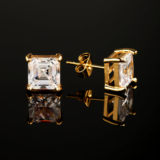 CZ Stone 4-Prong Square Princess Cut Earrings 18K Gold
