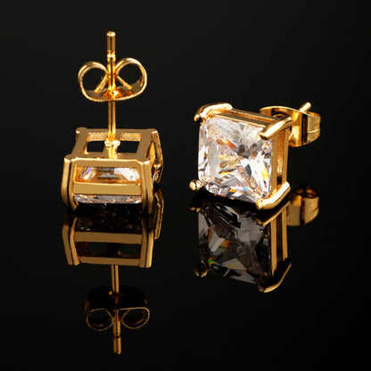CZ Stone 4-Prong Square Princess Cut Earrings 18K Gold
