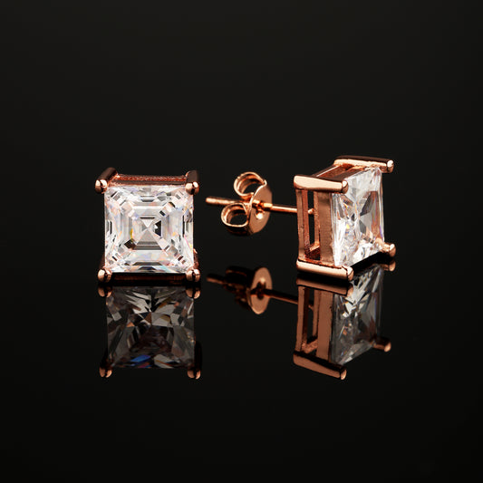 CZ Stone 4-Prong Square Princess Cut Earrings Rose Gold