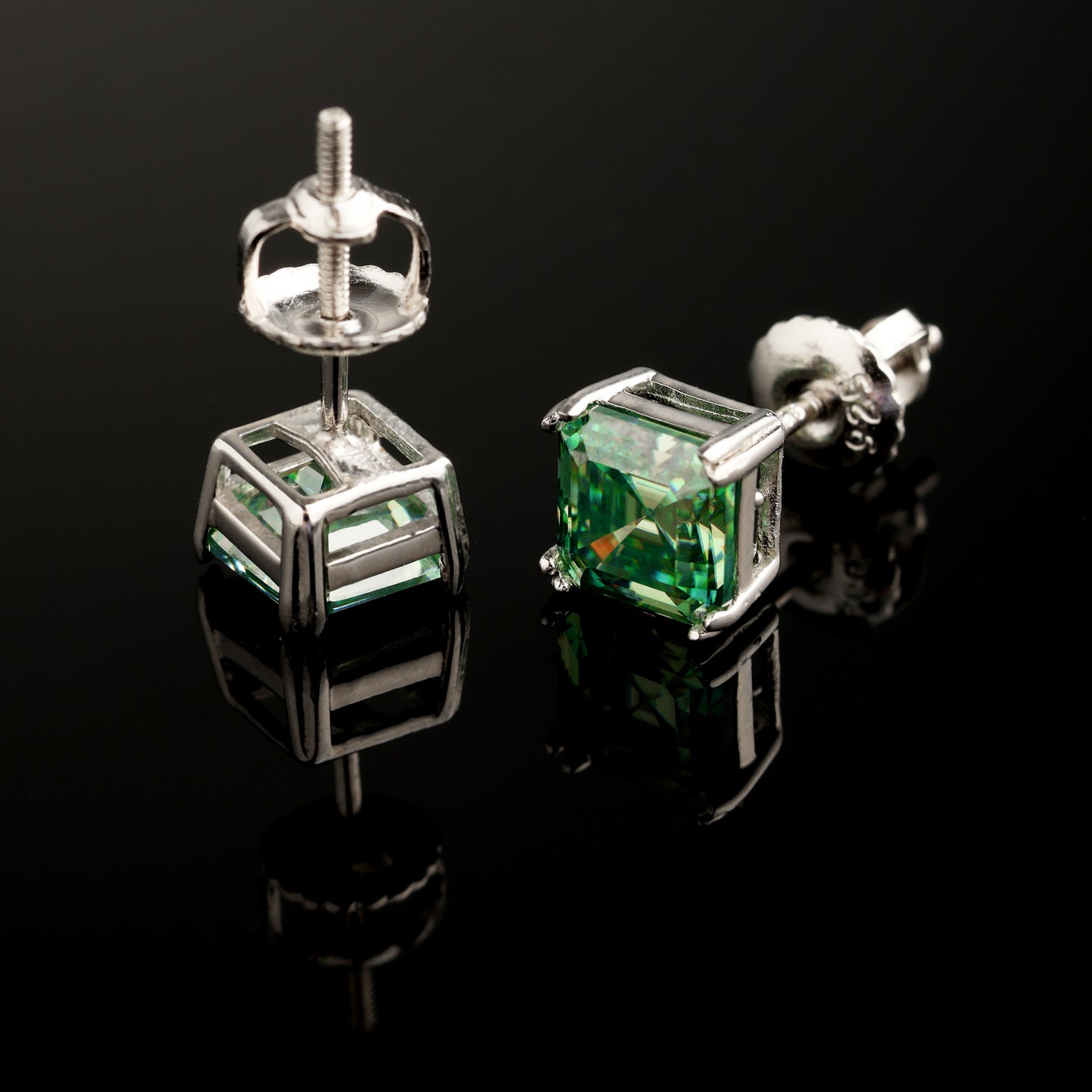 6MM 925 Silver Moissanite Blue Green Princess Cut Stud Earrings White Gold