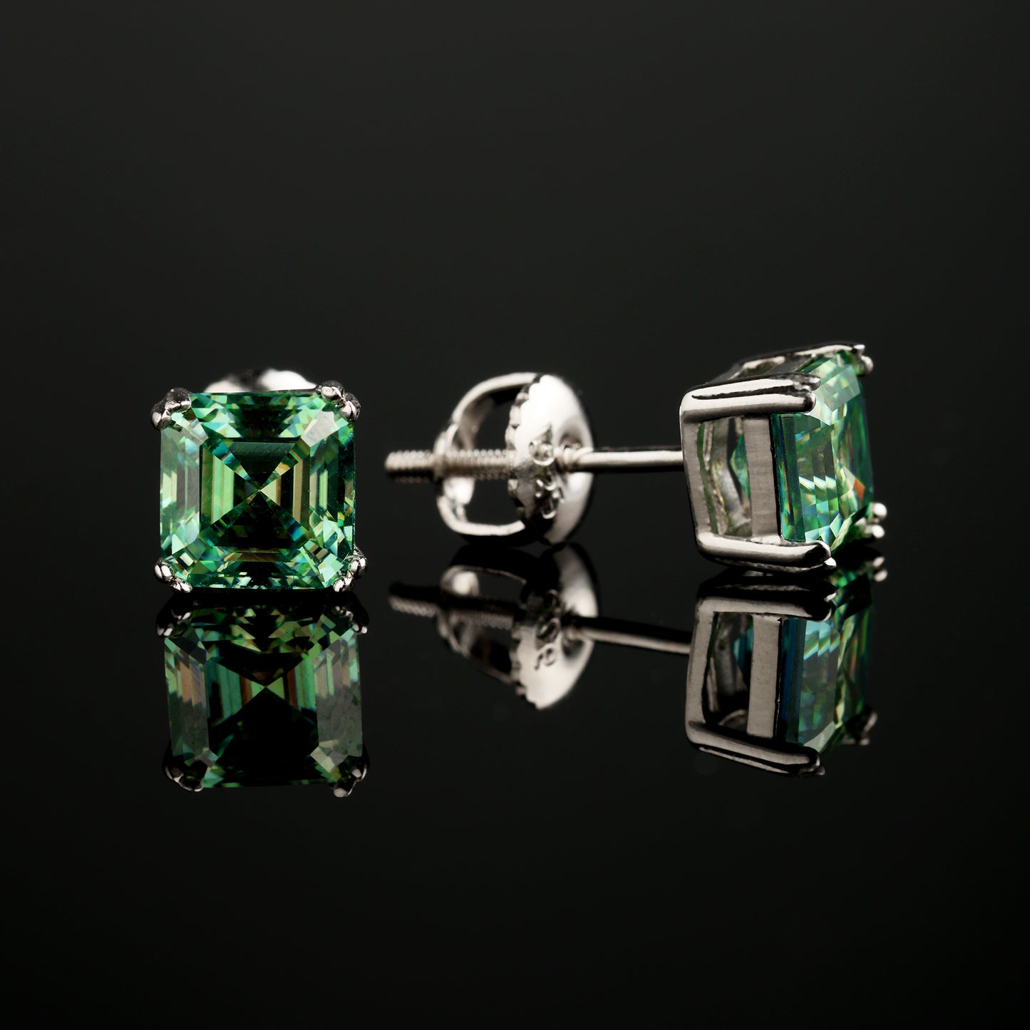 6MM 925 Silver Moissanite Blue Green Princess Cut Stud Earrings White Gold