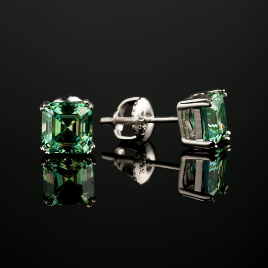 6MM 925 Silver Moissanite Blue Green Princess Cut Stud Earrings White Gold