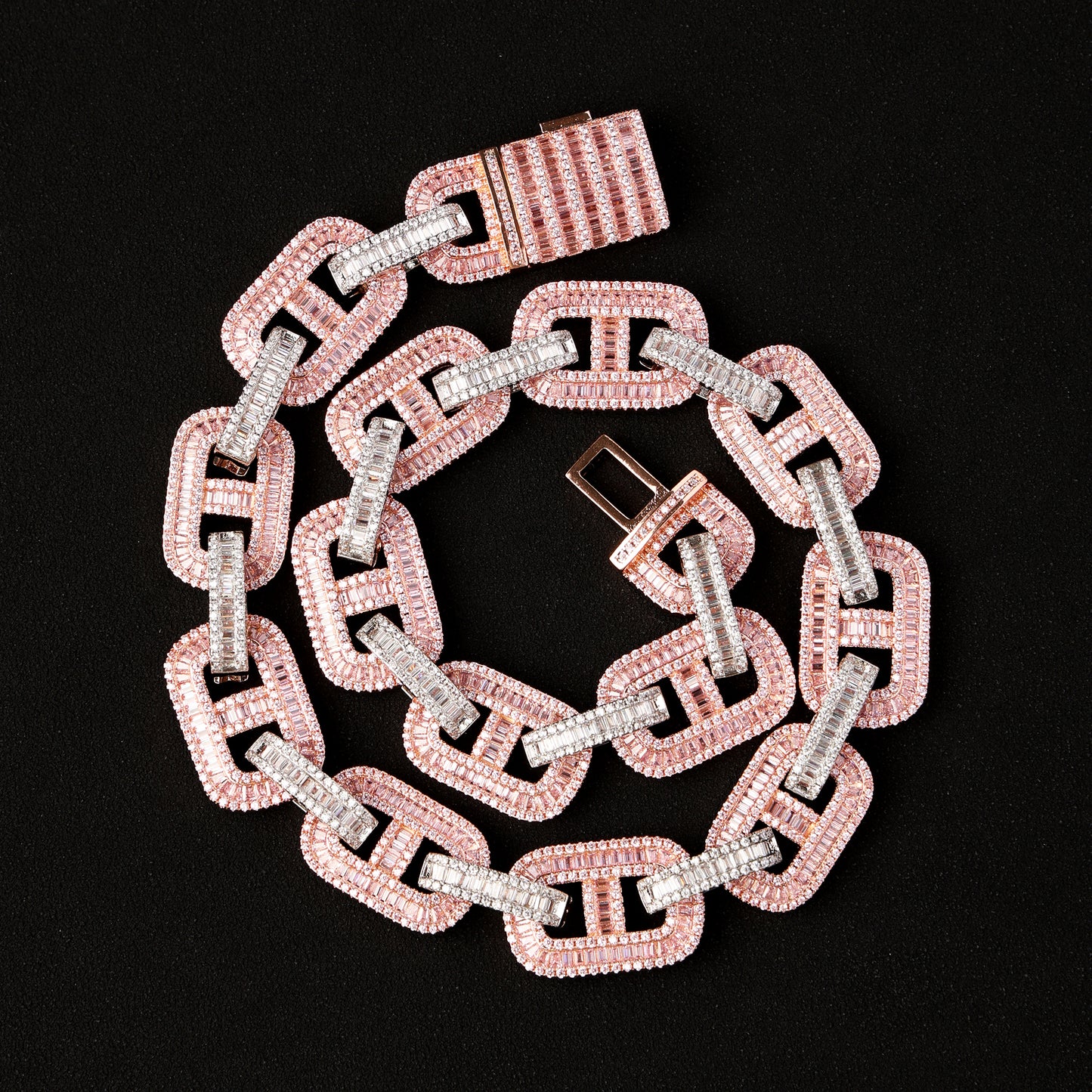 15MM Baguette Miami Cuban Link Iced Out Diamond Necklace Chain White and Pink