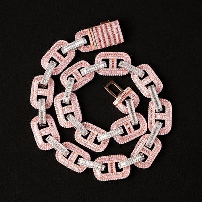 15MM Baguette Miami Cuban Link Iced Out Diamond Necklace Chain White and Pink