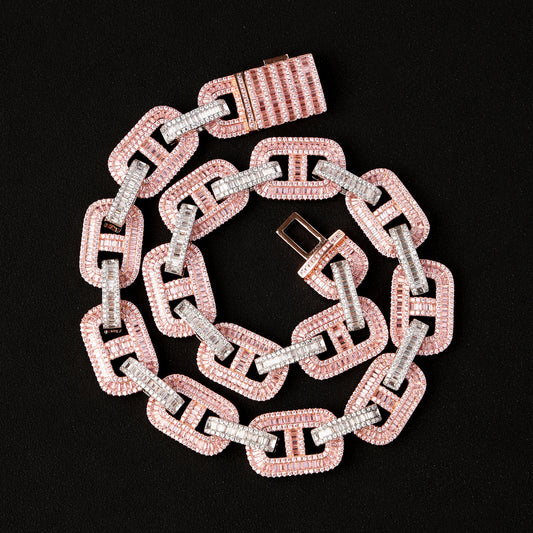 15MM Baguette Miami Cuban Link Iced Out Diamond Necklace Chain White and Pink