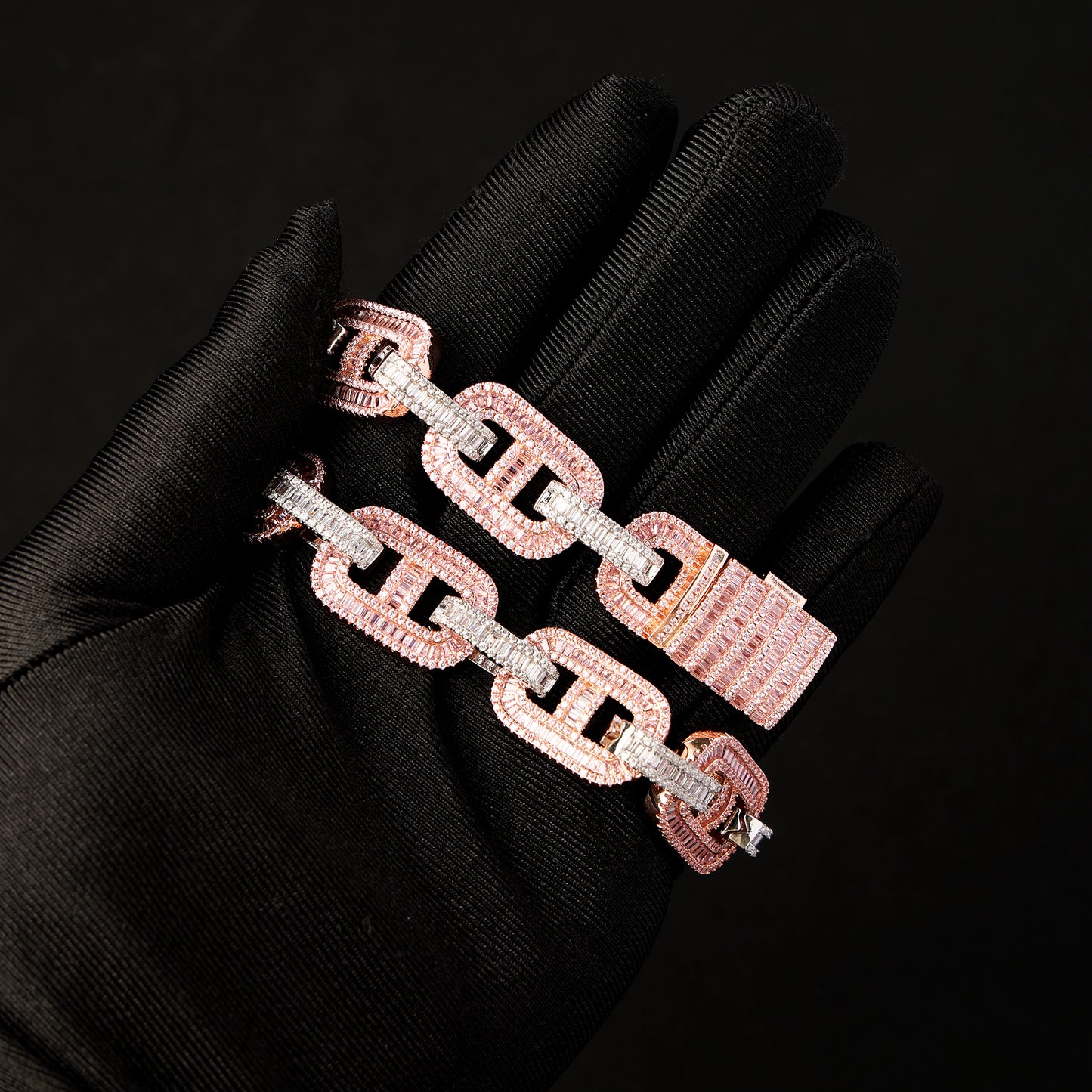 15MM Baguette Miami Cuban Link Iced Out Diamond Necklace Chain White and Pink