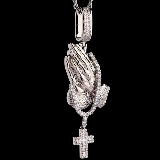 Iced Praying Hands Holding Tennis Chain Cross Pendant