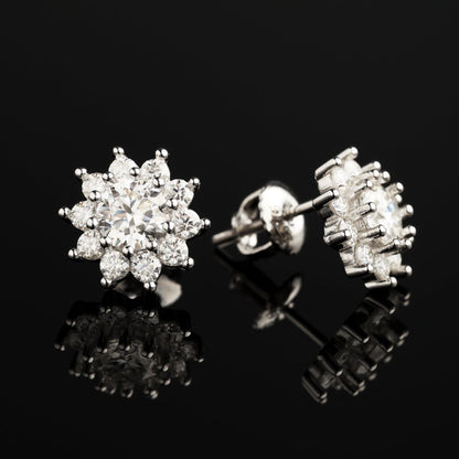 10mm 925 Silver Moissanite Cluster Flower Stud Earrings White Gold
