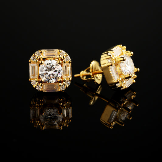10mm 925 Silver Moissanite Baguette Cluster Stud Earrings 18K Gold
