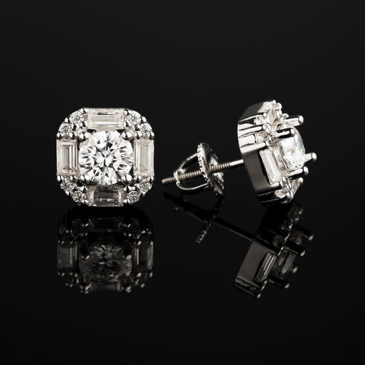10mm 925 Silver Moissanite Baguette Cluster Stud Earrings White Gold
