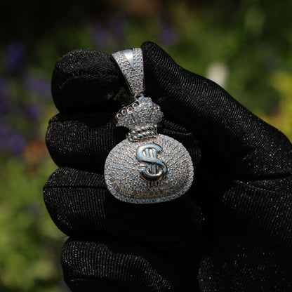 925 Silver Moissanite Baguette Money Bag Pendant White Gold