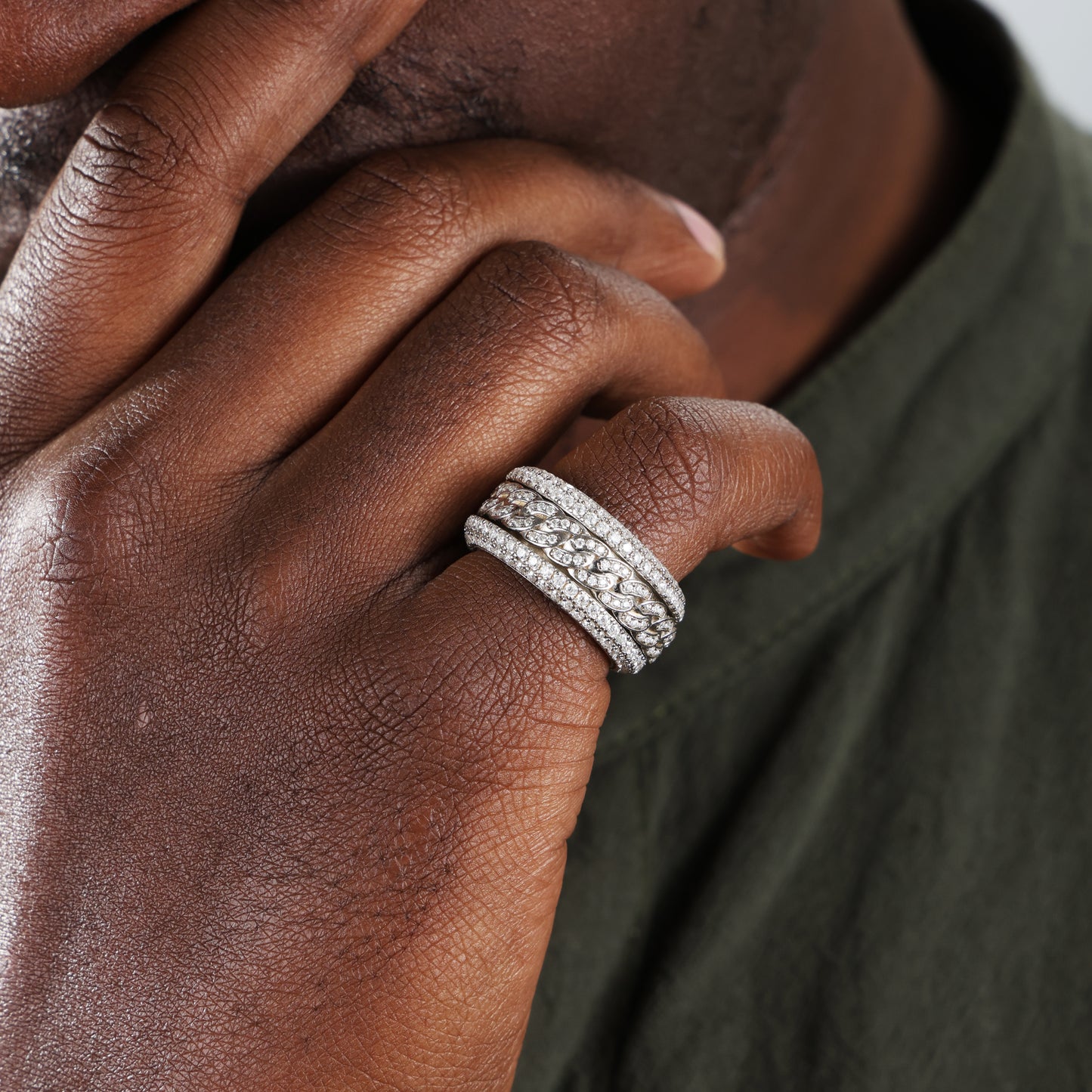 925 Silver Micro Paved Moissanite Rotatable Cuban Link Ring White Gold