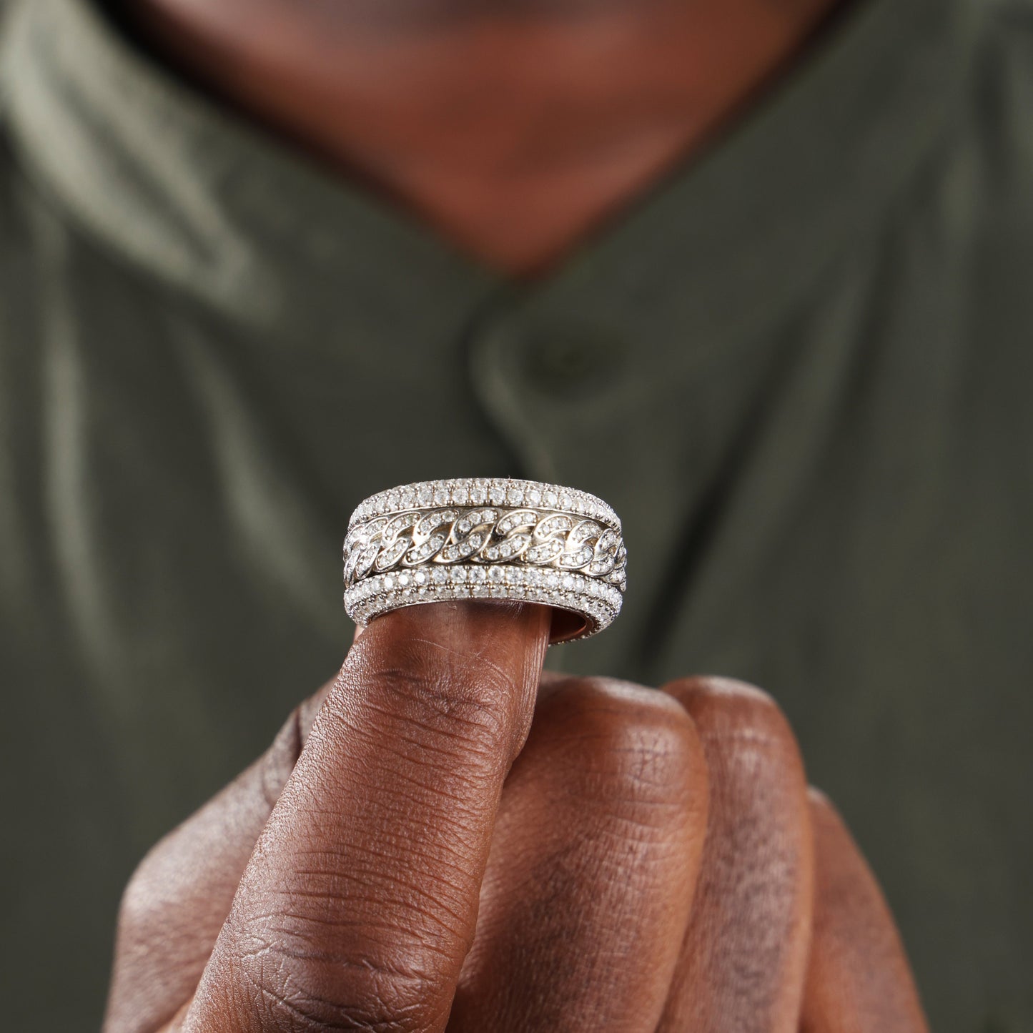 925 Silver Micro Paved Moissanite Rotatable Cuban Link Ring White Gold