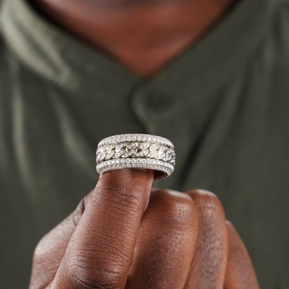 925 Silver Micro Paved Moissanite Rotatable Cuban Link Ring White Gold