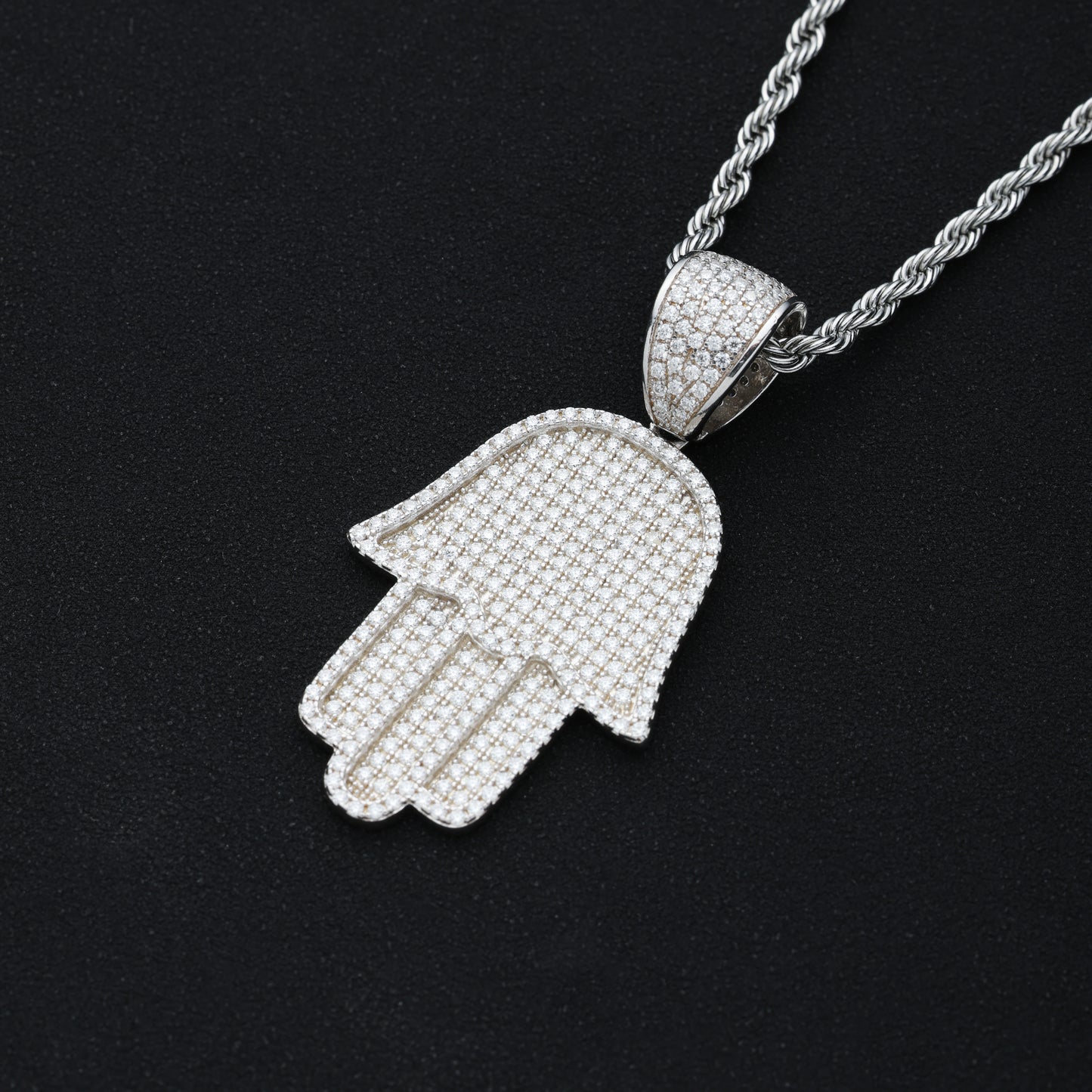 925 Silver Moissanite Hamsa Pendant White Gold