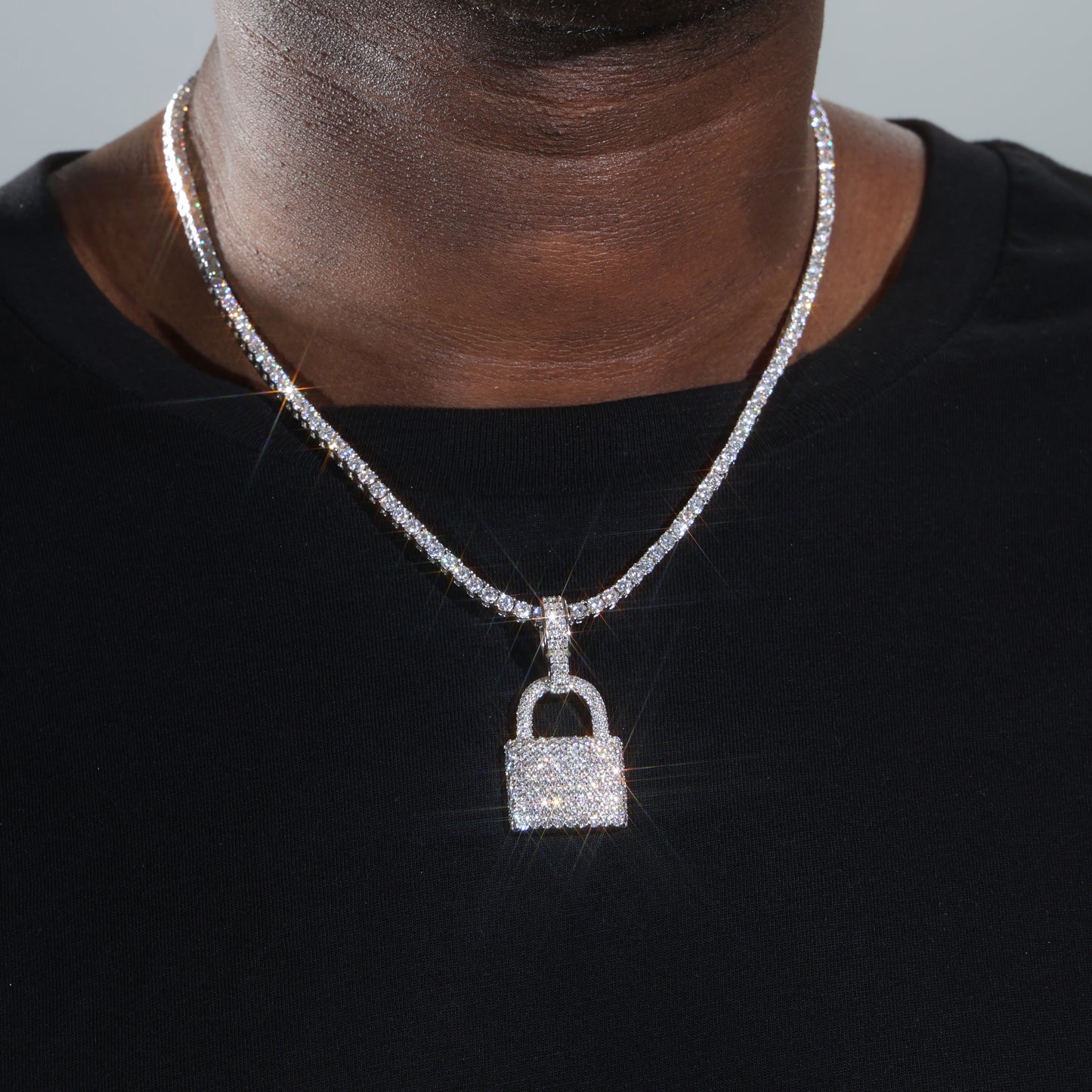 925 Silver Moissanite Padlock Pendant White Gold